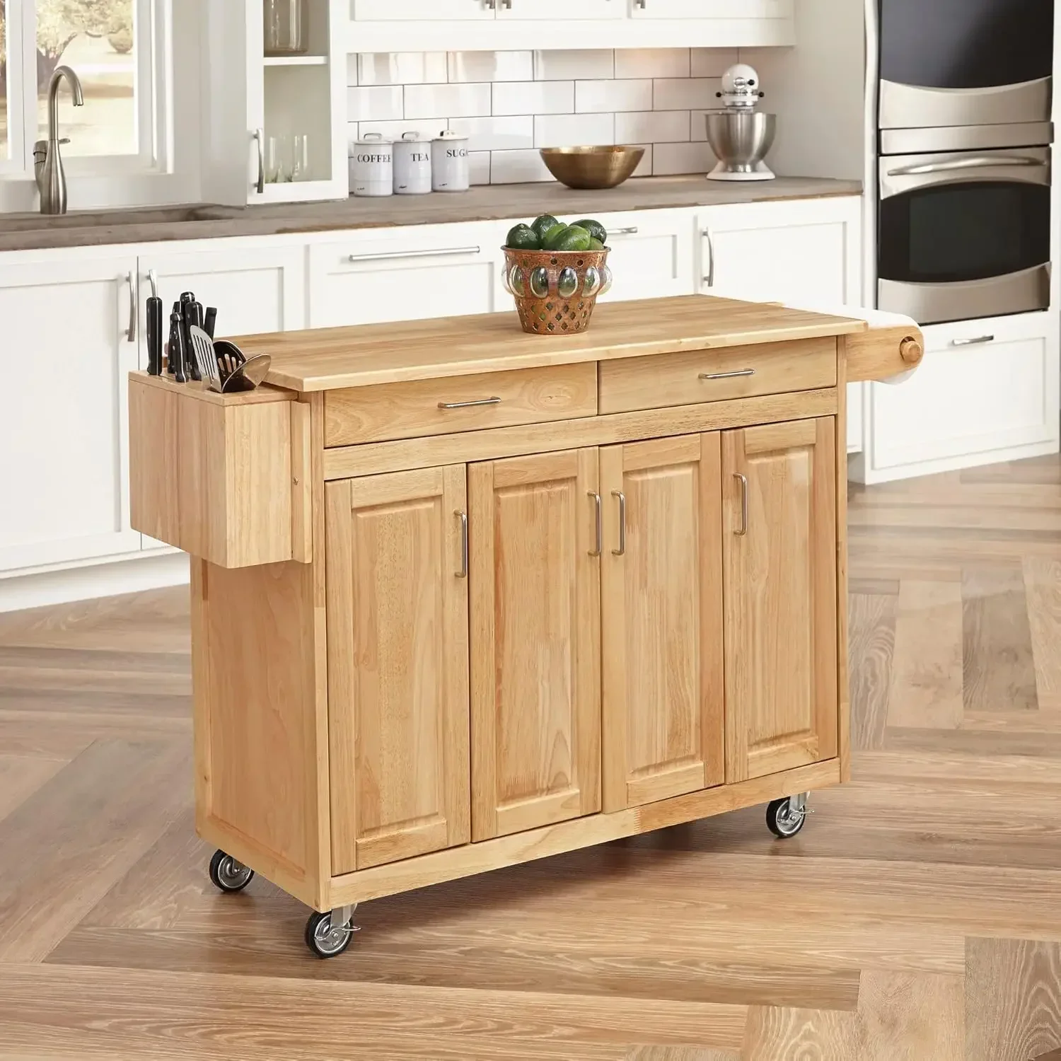 Carrello mobile da cucina Homestyles General Line con barra per colazione Drop Leaf, larghezza 54 pollici, legno duro naturale, MORATURA