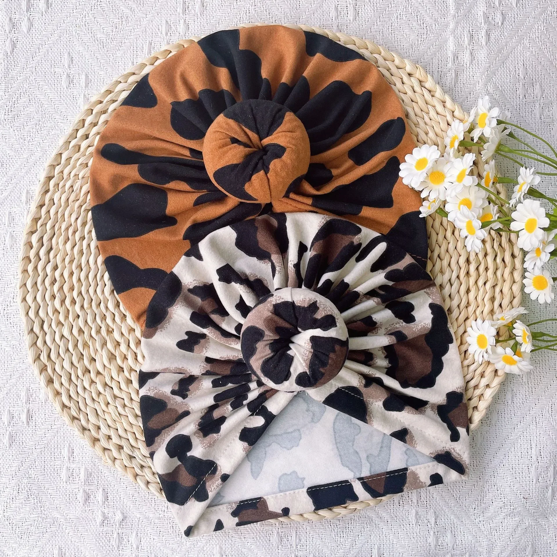 Leopard Print Baby Indian Turban Hat Cute Knot Boys Girls Cap Head Wrap Soft Cotton Newborn Infant Beanies Kids Hat Headband