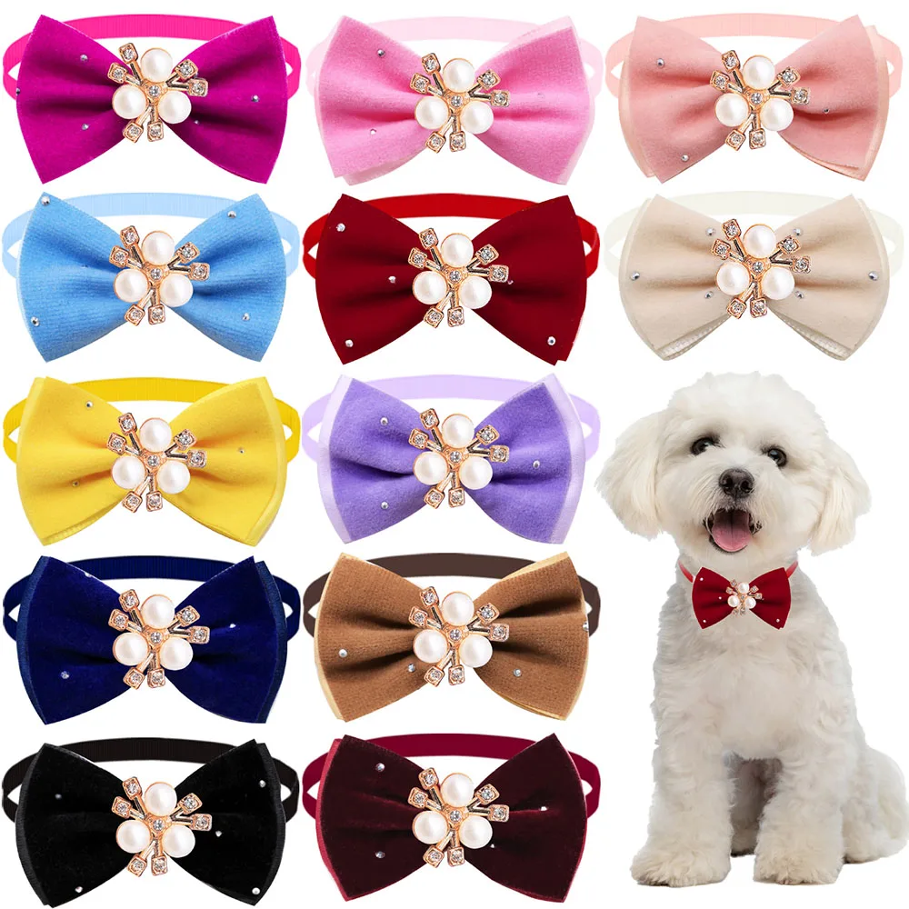 

20/40PCS Winter Dog Bowties With Diamonds Adjustable Pet Dog Bow Ties Collars Mixed Colors Pet Grooming Accessories For Dogs