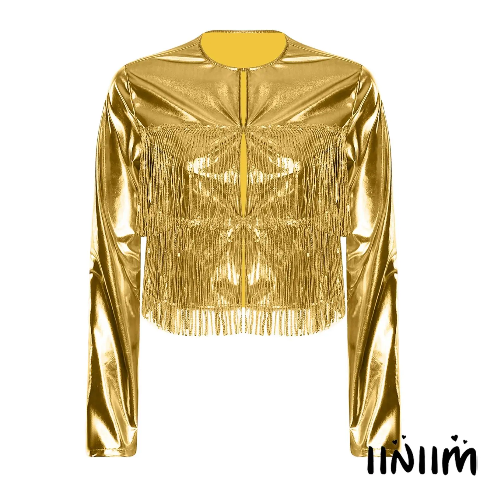 

Womens Metallic Shiny Fringe Jacket Tiered Sequin Tassel Long Sleeve Round Neck Coat for Cowgirl Party Rock Jazz Street Dance