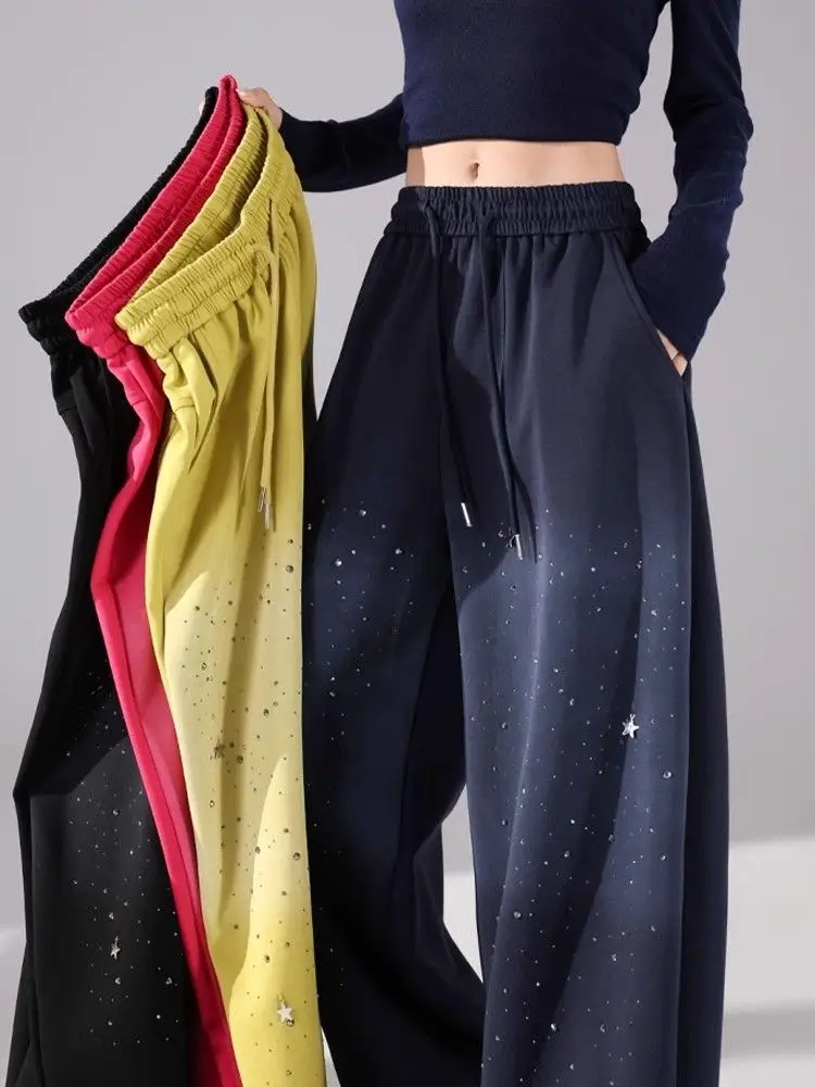 Womens Vintage Gradient Star Rhinestone Baggy Pants FW Elastic Waist Draping Wide Leg Casual Sweatpants