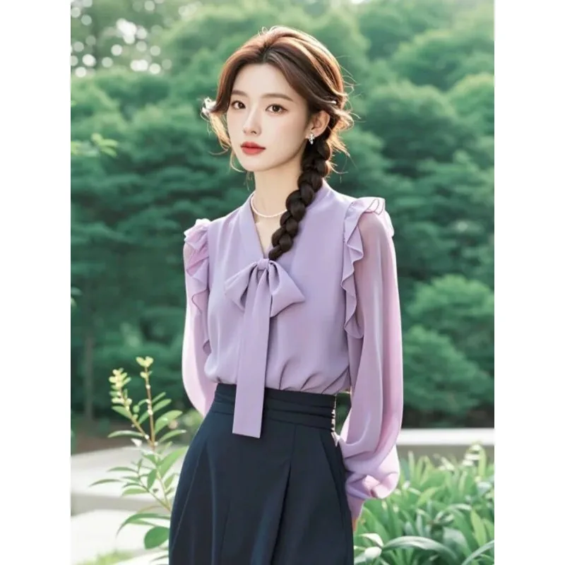 

Женский комплект из шифоновой блузки с бантом и рюшами и брюк с высокой талией и широкими штанинами для офиса