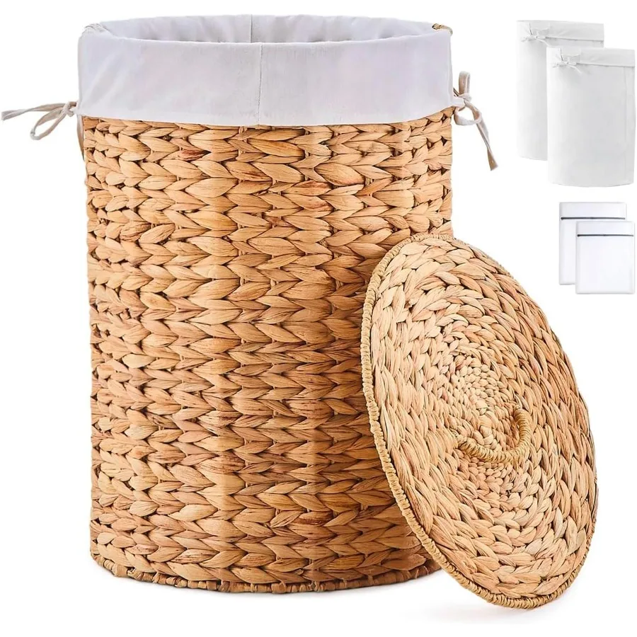 Round Water Hyacinth Laundry Hamper with Lid Handwoven Wicker Basket with Handles for Dirty Clothes, Storage, and Organization