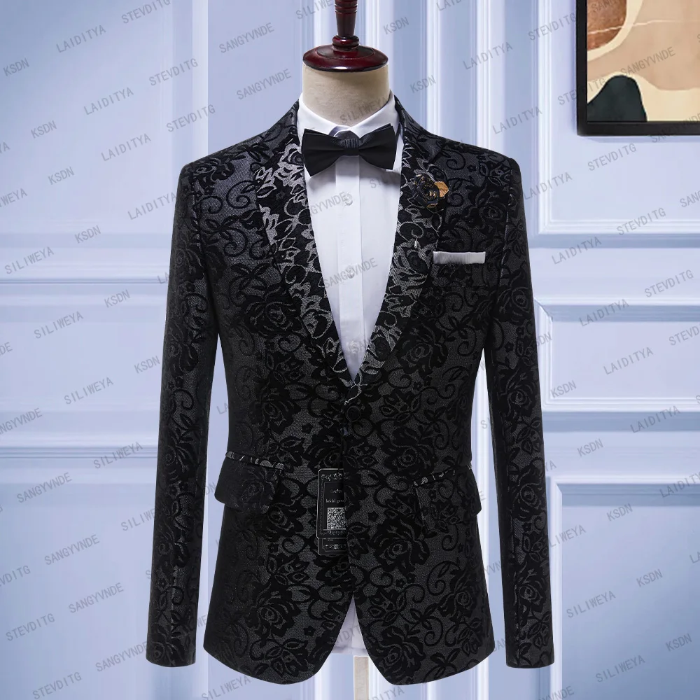 

2023 New Fashion Slim Fit Terno Masculino Black Jacquard Floral Men Suit Prom Tuxedos Groom Blazers Costume Homme Jacket Coat