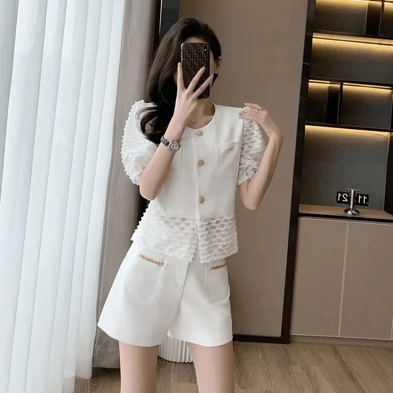 2024 New Ladies Summer Fashion Small Temperament Fragrant Wind Suit Short-sleeved Shirt Wide Legs And Short Pants Two-piece Suit