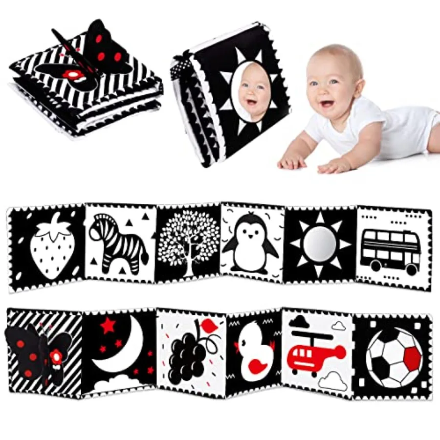 

Black and White High Contrast Toys for Baby 0-3 3-6 months Infant Tummy Time Soft Crinkle Book Mirror Sensory Toys 0 2 4 5 6 Mo