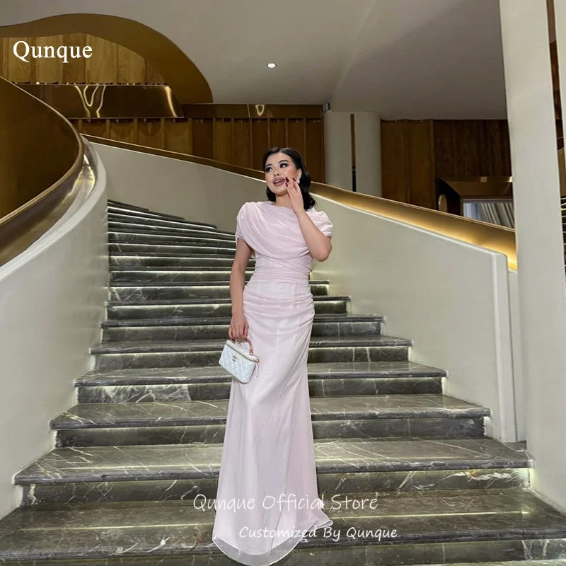 

Qunque Asymmetric Chiffon Evening Dresses Pink Long Robes De Soirée Cowl Neck Ruched Vestidos De Fiesta Elegantes Customized