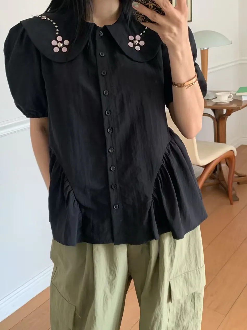 

Sweet Doll Collar ort Sve Pleated Bubble Sve Women's irt Summer Faion Floral Embellied Casual Loose Fit Top