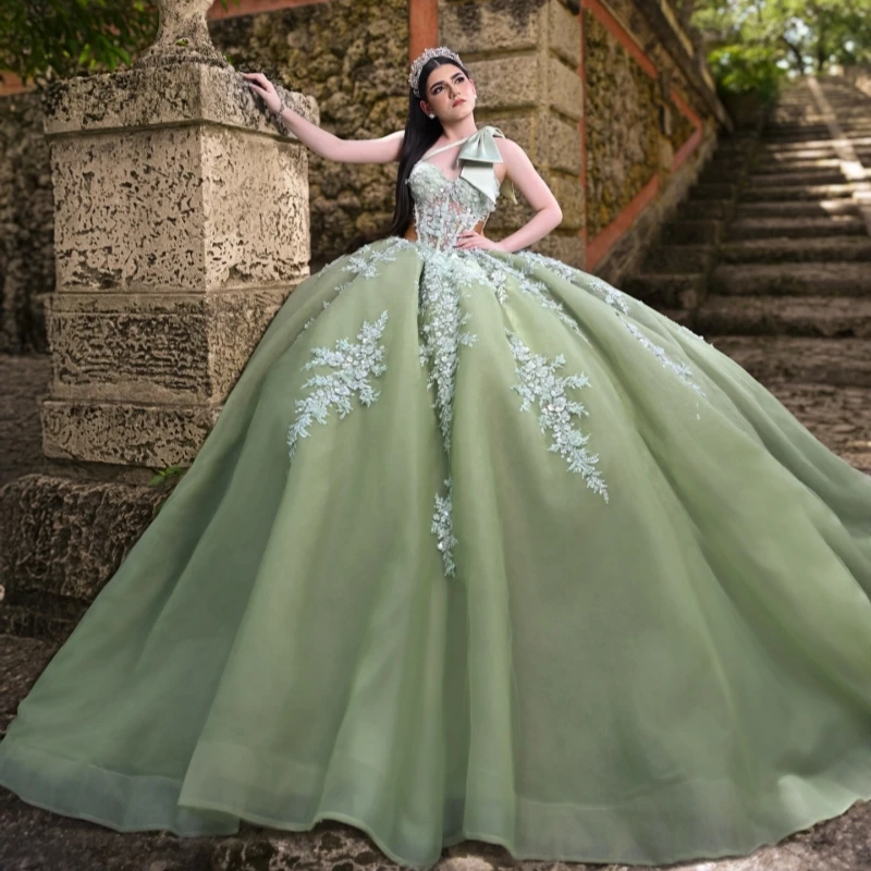 

Green shiny Quinceanera Dresses Off The Shoulder Applique Flower Beading Crystal Tull Corset Party Birthday Sweet 16 Dress