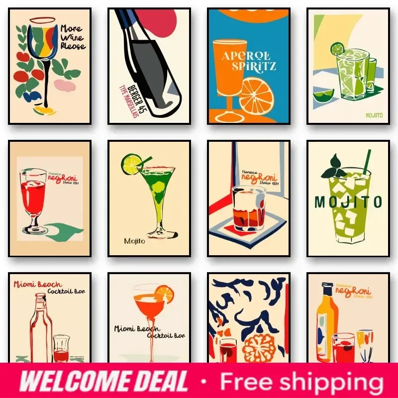 Retro Trendy Negroni Cocktail Drinks Wine Cheers Poster Prints Canvas Painting Wall Art Picture for Club Kitchen Home Decor