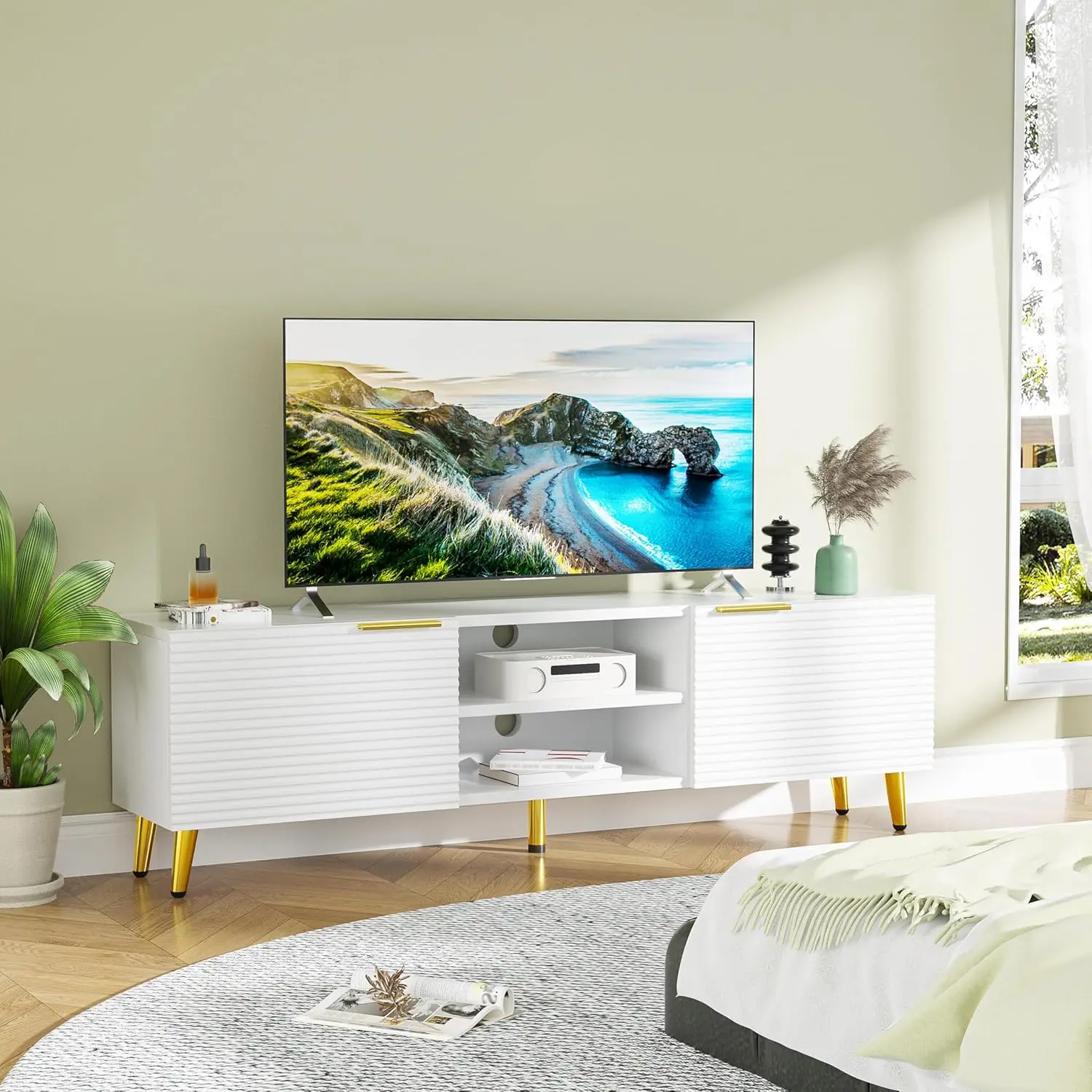 

Современная тумба под телевизор, медиа-консоль, шкаф для хранения и полки для гостиной и спальни, 55-65 дюймов, бело-золотая, на заказ