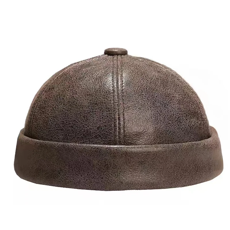 Retro Textured Leathet Bone Hats For Men 100% Cowhide Warm Dome Beanie Caps Male Brimless Docker Sailor Boina Homme Gorra Winter