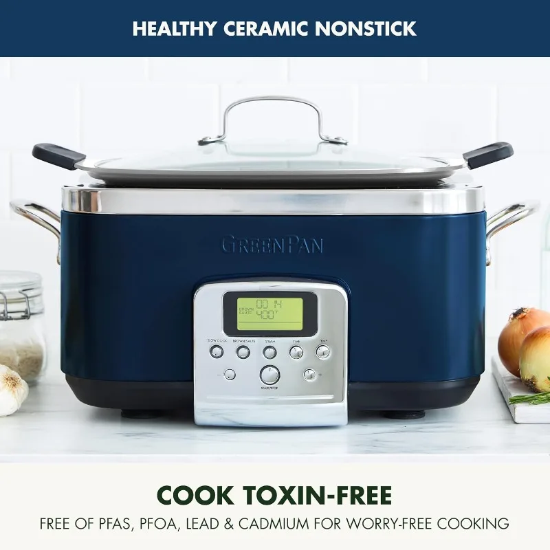 Elite 8-in-1 Programmable 6QT Electric Slow Cooker with Dishwasher-Safe Lid and Removable Ceramic Pot, PFAS-Free Healthy Ceramic