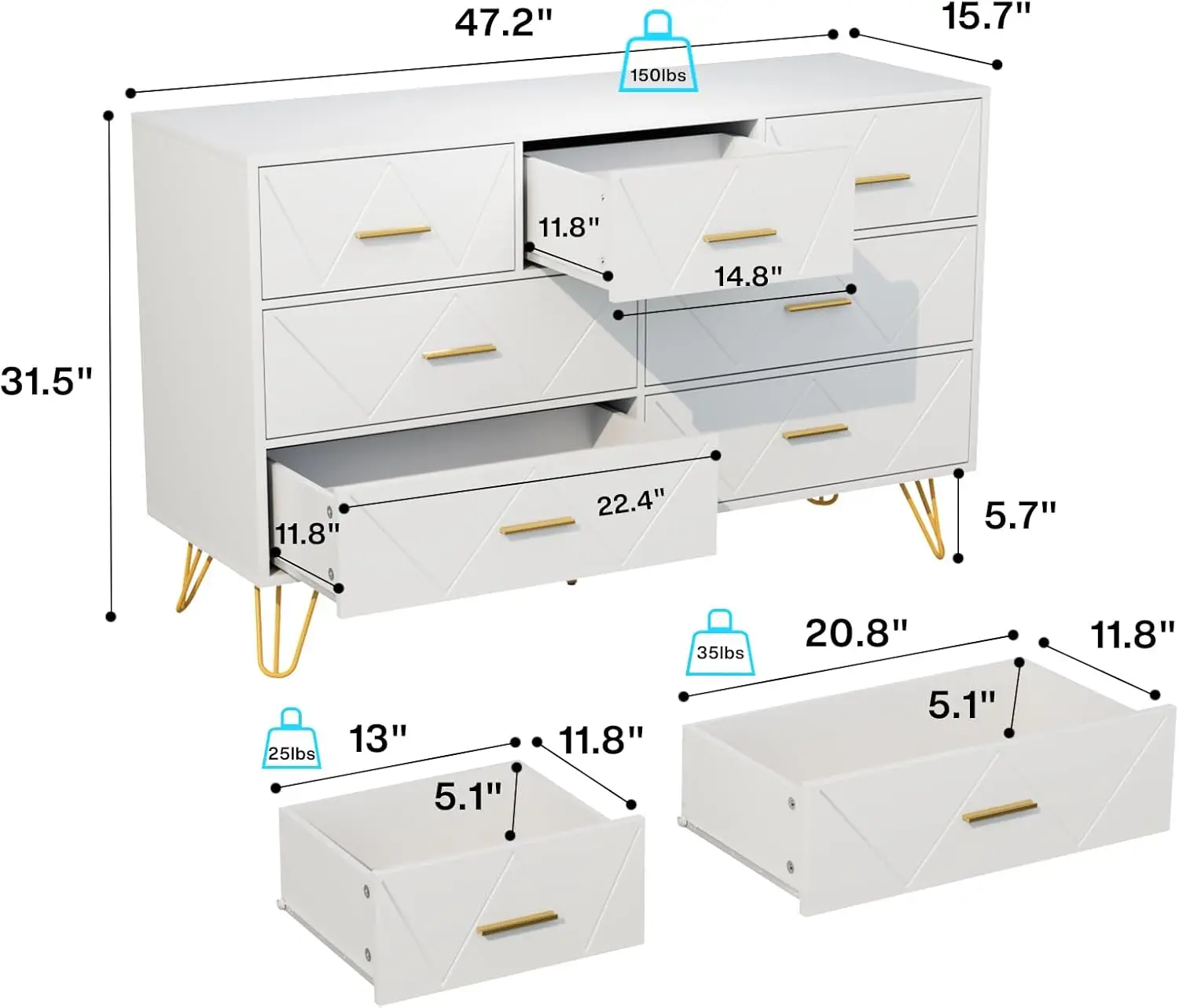 White Dresser for Bedroom, 7 Drawer Wooden Dresser with Gold Handles, Modern Storage Dressers & Chests of Drawers for Hallway