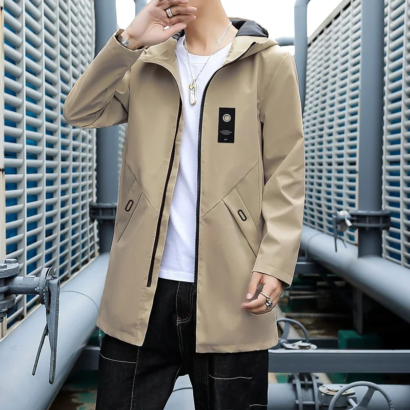 

2024 Spring Men's Outdoor Leisure Windbreaker Men's Cotton Open Front Over Knee Hooded Coat Trendy Versatile Windbreaker