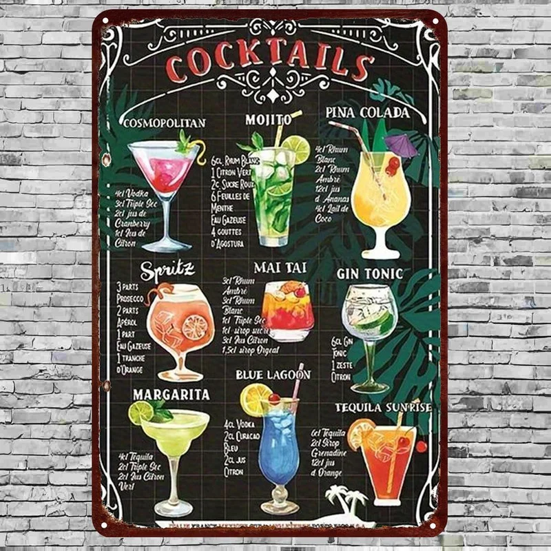 Retro Chalkboard Cocktail Menu Metal Wall Art, 2D Flat Single Piece Bar Sign, Ideal for Home, Kitchen, Dining Area or Bar Decor