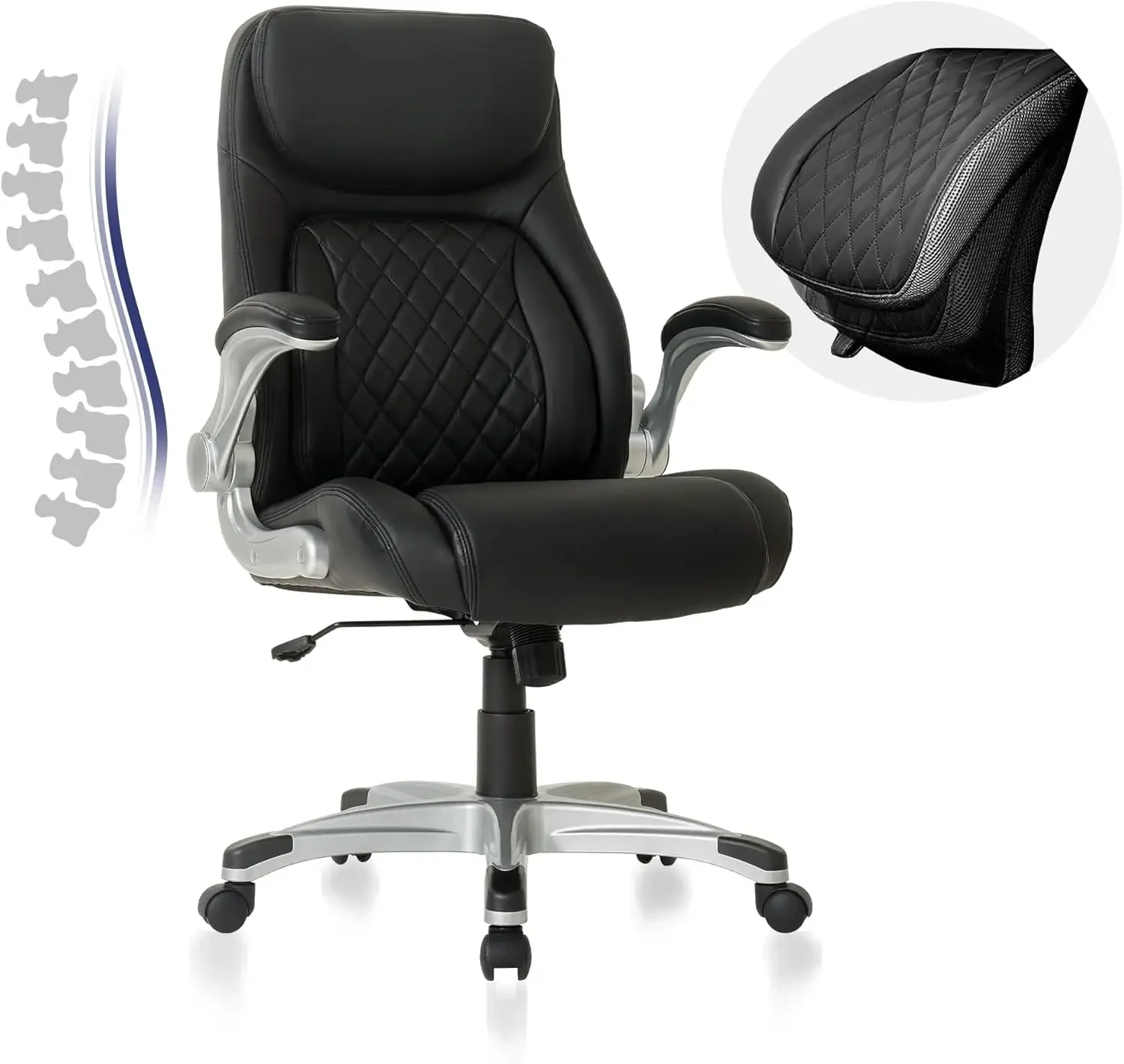 Ergonomic Office Chair in premium microfiber leather, adjustable lumbar support & armrests, high back, swivel tilt function