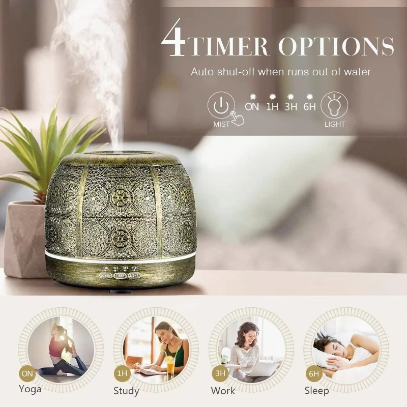 500ml Essential Oil Aroma Cool Mist Humidifier Carved Metal Ultrasonic Air Scent Diffuser with LED Night Light