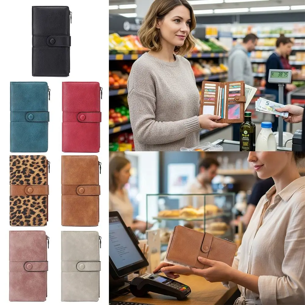 PU Leather Women Long Wallet Multi Card Slot Leopard Print Double Fold Wallet Zipper Closure Long Style Zipper Purse Women
