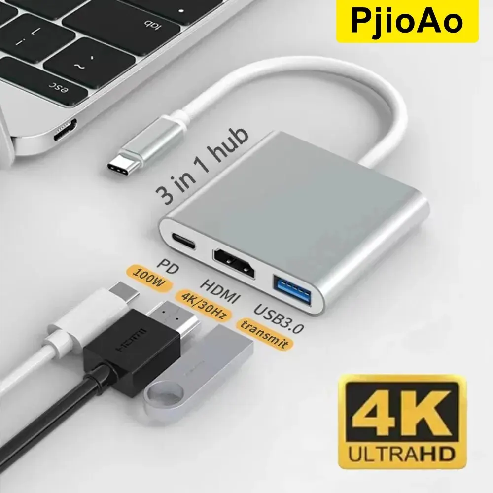 PjioAo 3 In 1 USB C Hub With 4K USB 3.0 Type-c to HDMI-Compatible HUB Adapter Multiport PD Charging Dock Station For MacBook Pro