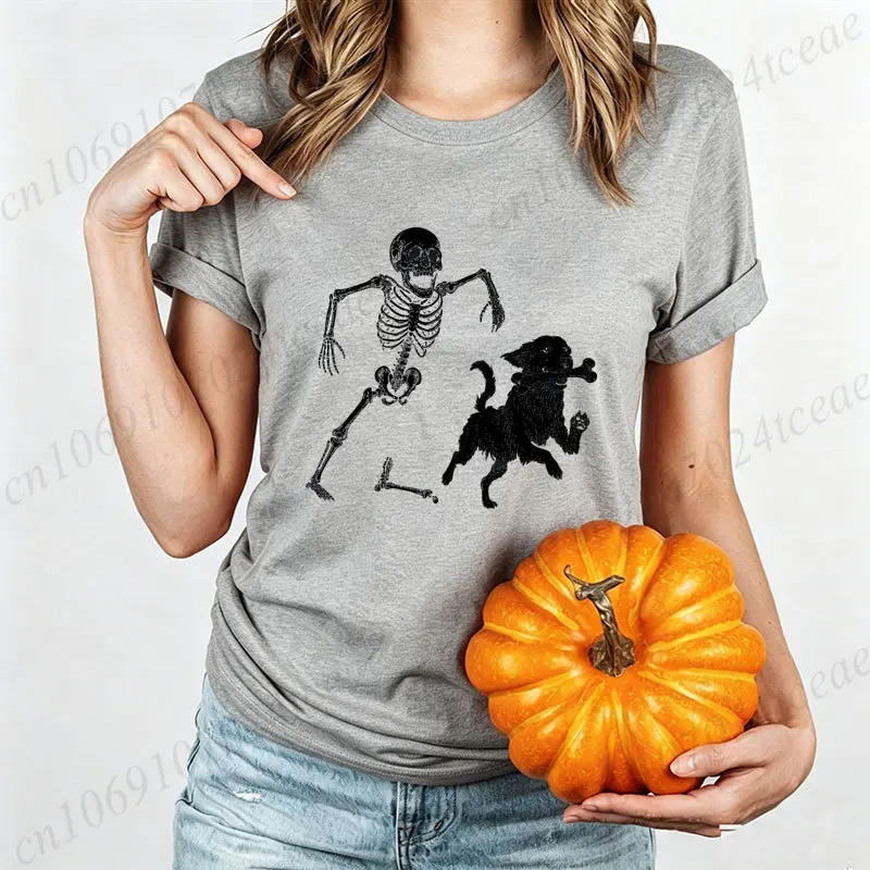 Halloween-Humor-Skelett-Hund-Print-Damen-T-Shirt, lässiges T-Shirt mit kurzen Ärmeln und Rundhalsausschnitt, gruseliges, lustiges Grafik-Top, T-Shirts für Feiertagspartys – Detail 4
