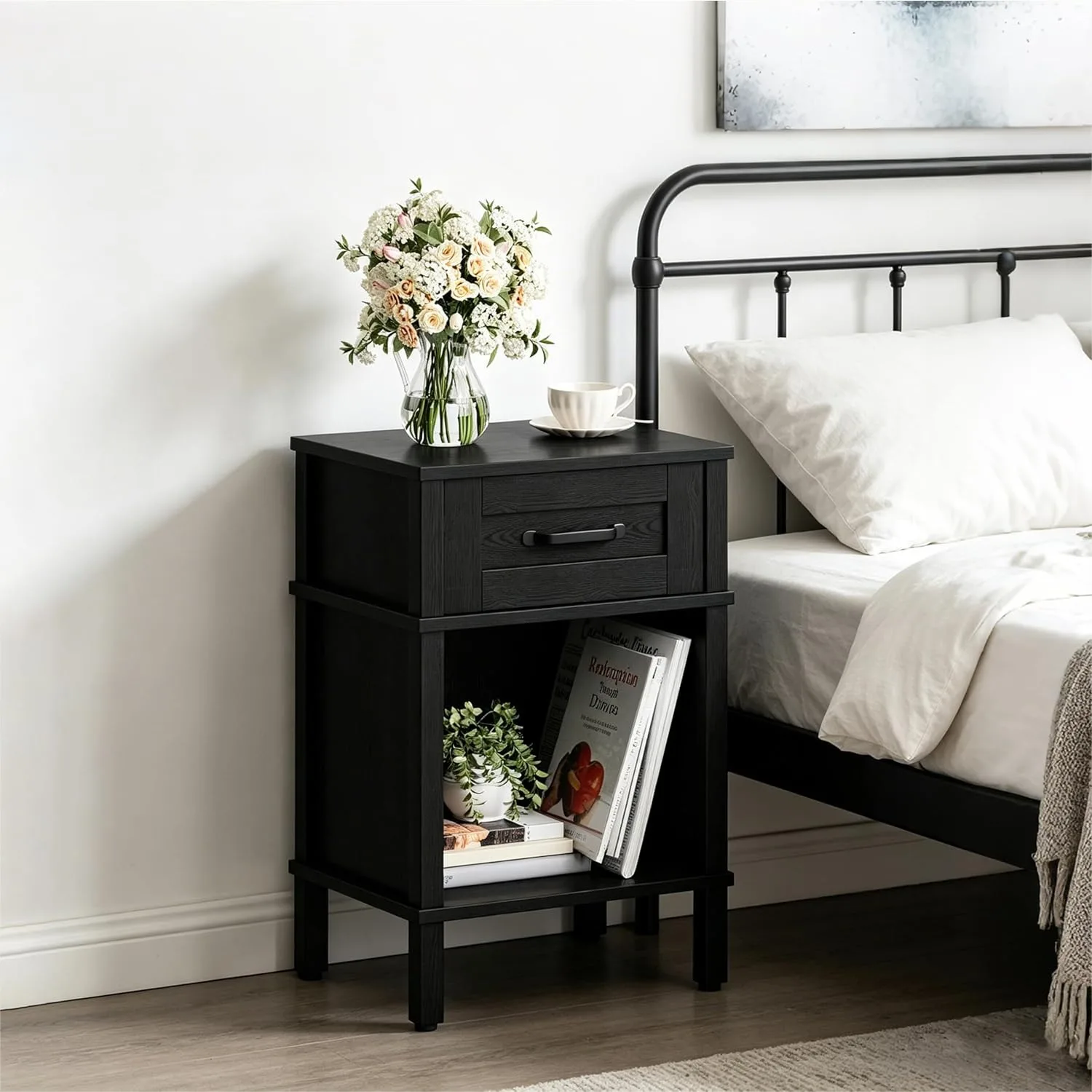 Farmhouse Nightstand with Drawer, Small Wood Side Table, Wooden Bedroom Nightstand, Black Bedside Table with Storage, End Table