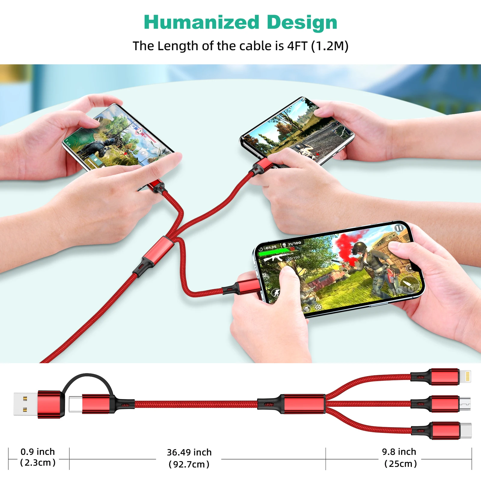 Cable de carga rápida 3 en 1 para iPhone, Huawei, Micro USB tipo C, 1,2 m, puerto Usb múltiple