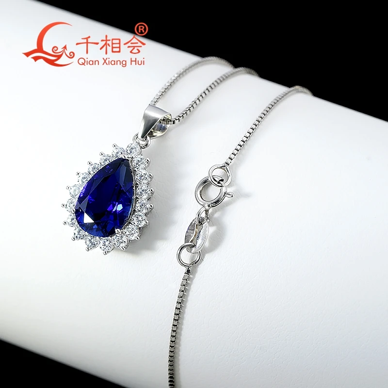 

S925 silver pear 4ct 8x12mm royal blue / Cornflower Blue lab sapphire with inclusions halo moissanite Jewelry Pendant Necklace