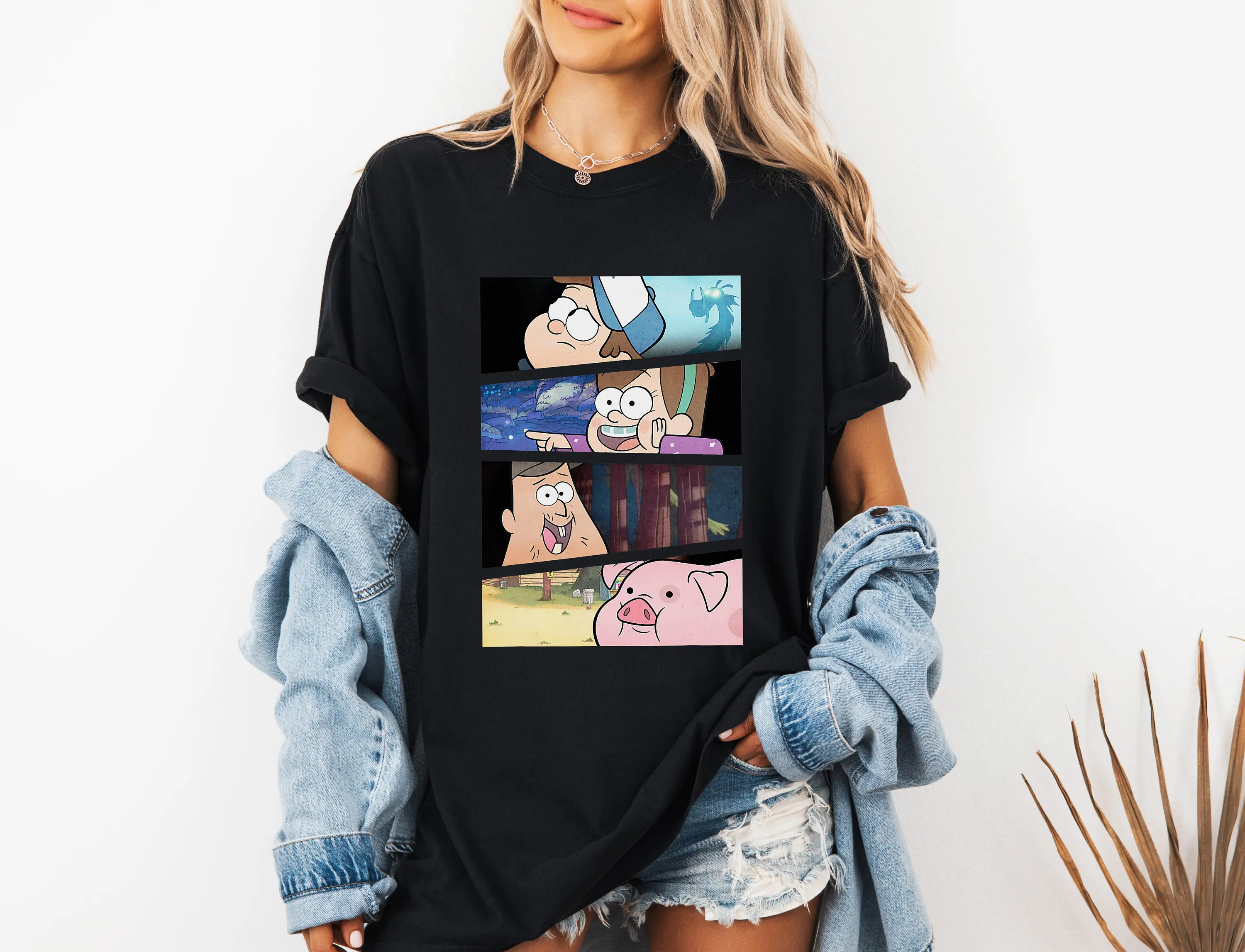 تي شيرت Disney Gravity Falls Group Shot Split Panel Scene Logo، قميص Disney Mabel and Dipper، قميص Disneyland Family Matching #1