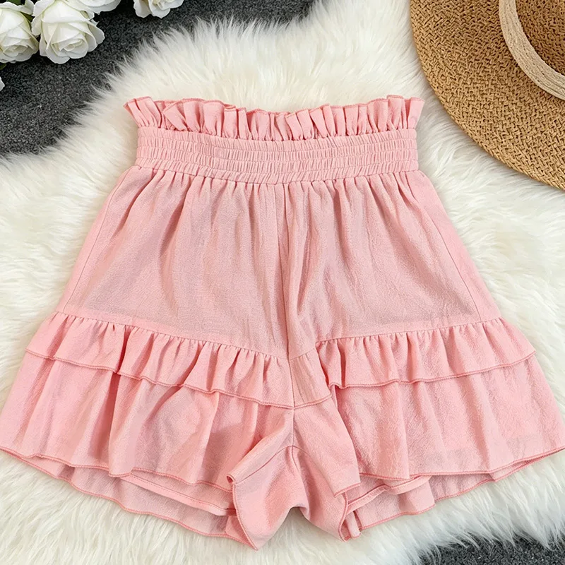 Short Pant Women Shorts Pants Slim Fit Ruffles Elastic Waist Trousers Y2k Streetwear Elegant Splice Work Casual Solid Summer