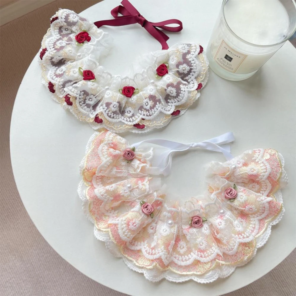 Pet Lace Collar Vintage Rose Floral Bib, Adjustable Ribbon Neck Scarf, Cute Bandana for Kitten Puppy Wedding Birthday Photo Prop