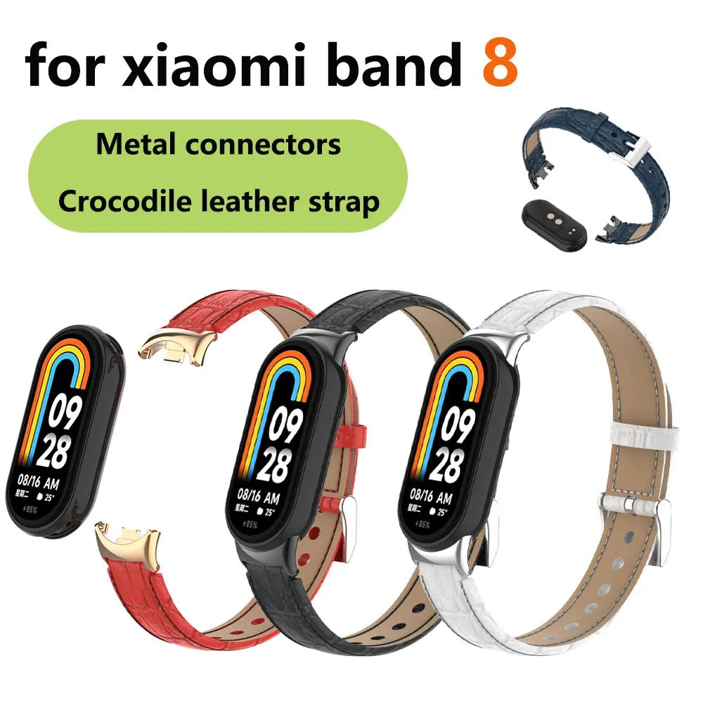 Leather Strap for Xiaomi Band 8, Metal Connector, Smart Sports, Personality, Replace the MI Band 8