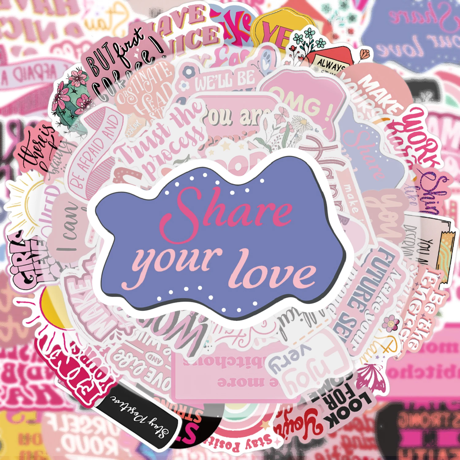 50 Pink Inspirational Phrase Stickers, Suitable for Decorating Water Bottles, Laptops, Cell Phones, Suitcases, Skateboards, Guitars, Gift Boxes, and Party Decorations