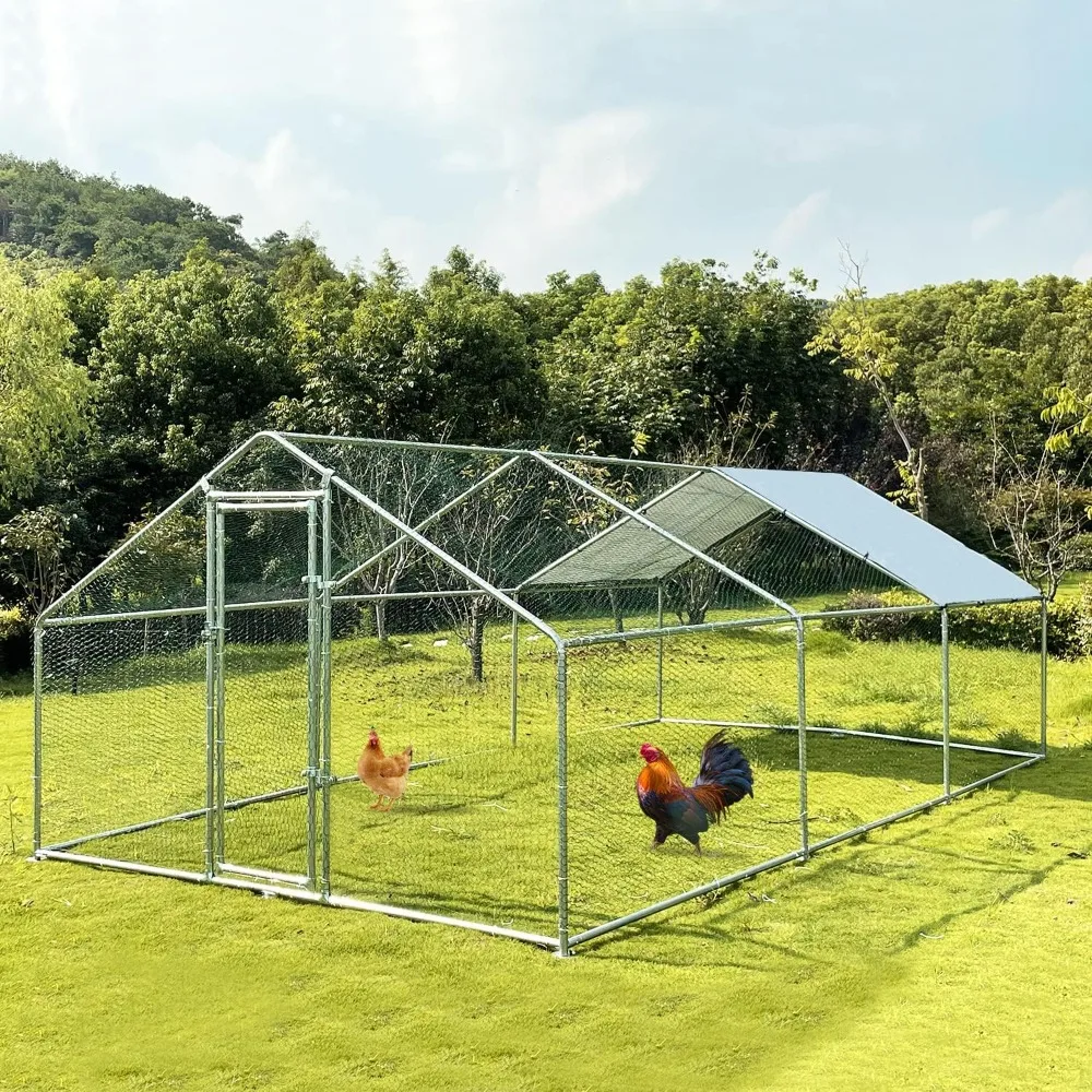 Large Metal Chicken Coop Walk-in Poultry Cage Chicken Run Pen Dog Kennel with Waterproof and Anti-Ultraviolet Cover for Outdoor