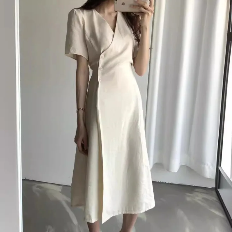 Summer New Cotton Linen Dress Retro Simple Fashiona V-neck Medium Length Waistband Side Three Button Short Sleeved Dress