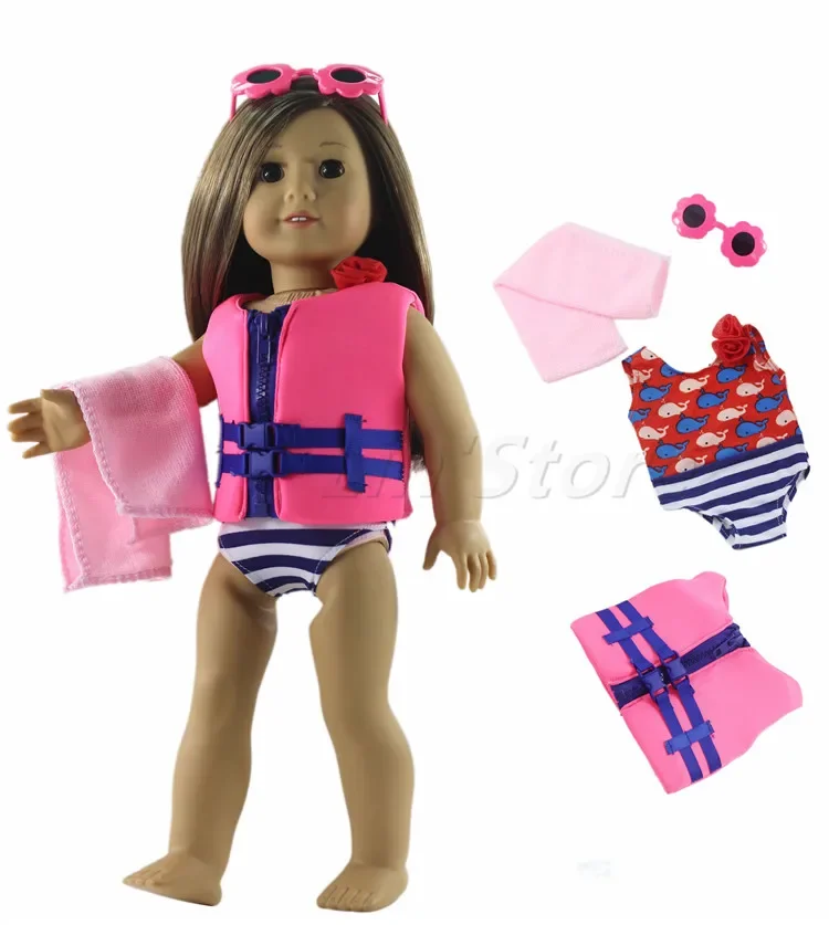 1 Set Doll Clothes Swimming suit+life jackets+towel+one pairs sunglass  for 18 inch American Doll Many Style for Choice