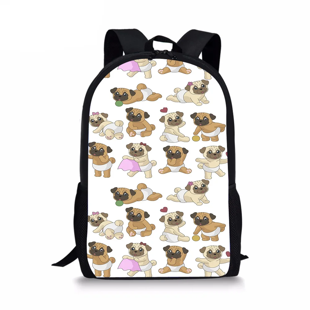 Cartoon Animal Print Mochilas para crianças, Bolsa de escola bonito Pug Dog para crianças, meninas e meninos adolescentes, suprimentos para estudantes, moda