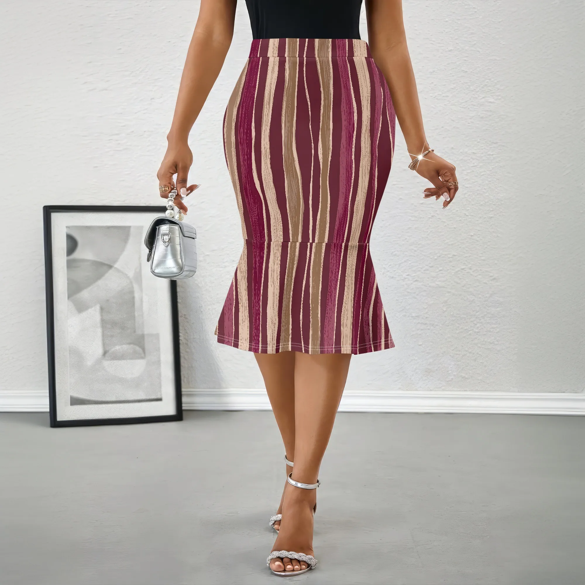 Striped Midi Skirt, Wine Red & Beige Pattern, Mermaid Hem Design, Office Party Wear, S-2XL