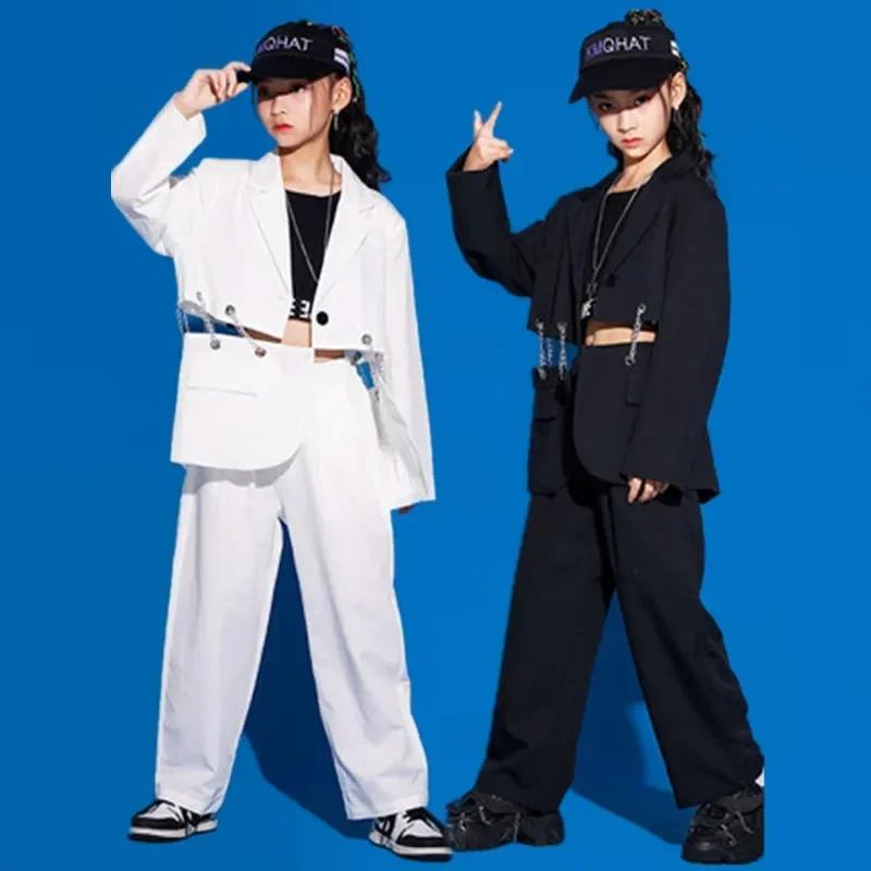 

Jazz Performance Costumes Rave Clothes Street Dance Wear sets Kids Hip Hop Dance Costumes For Girls White /Black Chain Suit