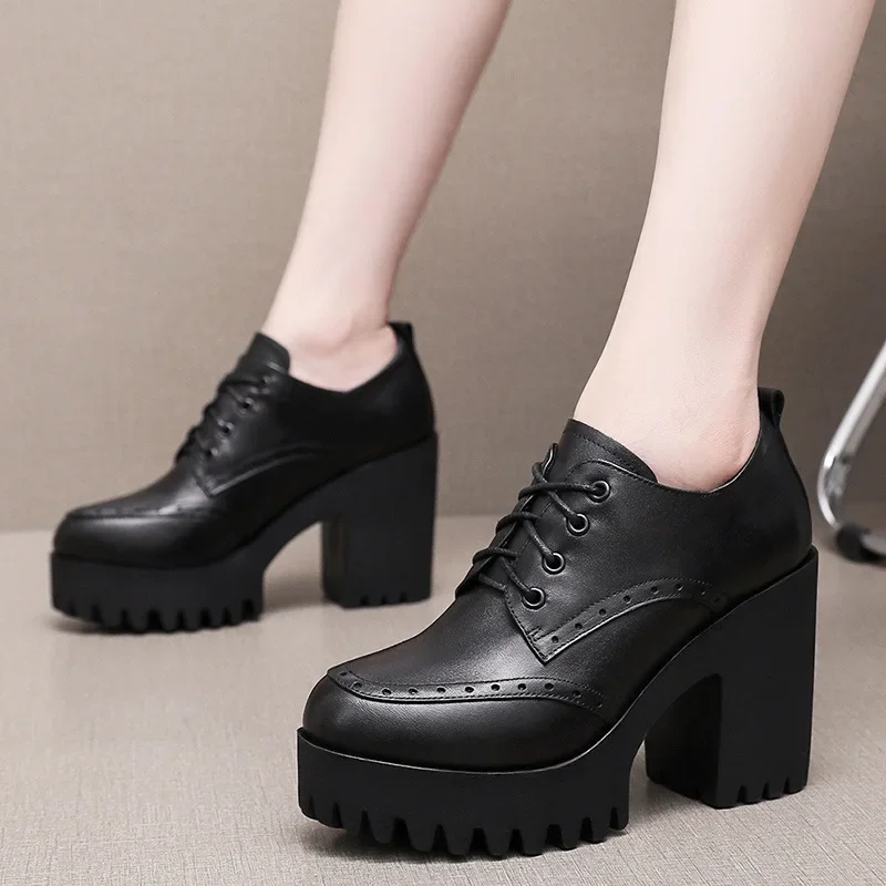 Small Size 32-43 British Deep mouth Brogues Shoes Women Oxfords Fall Winter 2024 Block High Heels Shoes Platform Pumps Office