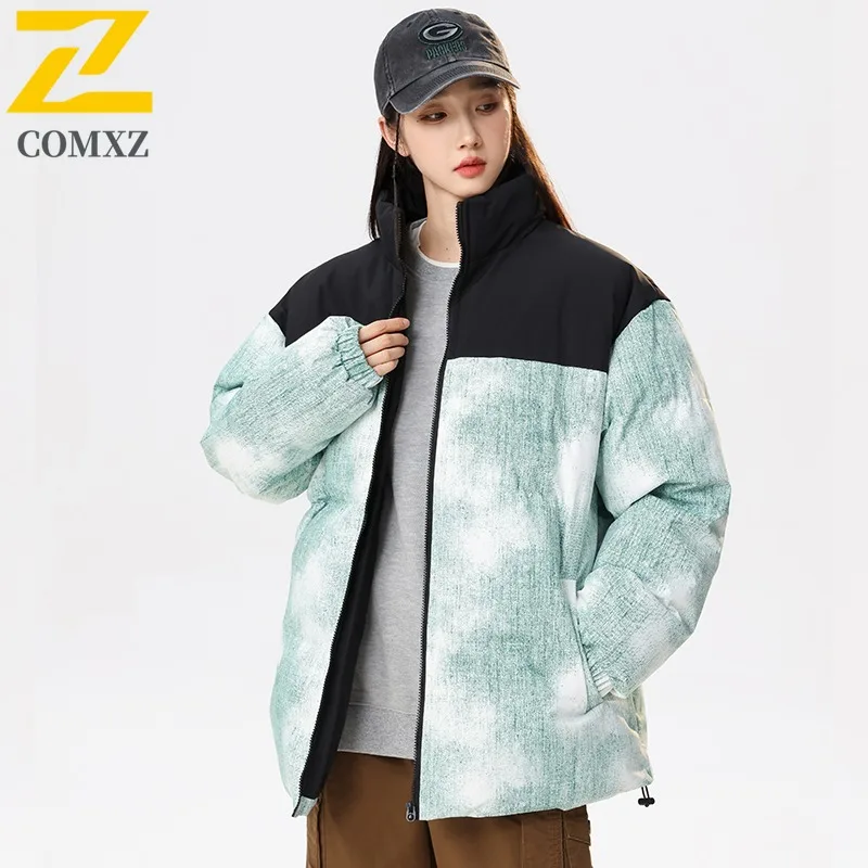 COMXZ 2025 Winter Stand Collar Color Block Padded Coat Unisex Casual Sports Outwear Candy Color Trendy Warm Couple Jacket