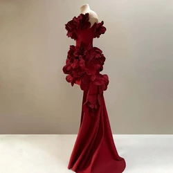 Robe de Banquet en Satin Fait à la Main, Tenue de Patients Haut Bas, Bordeaux Profond, avec des Appliques Florales, pour Femme