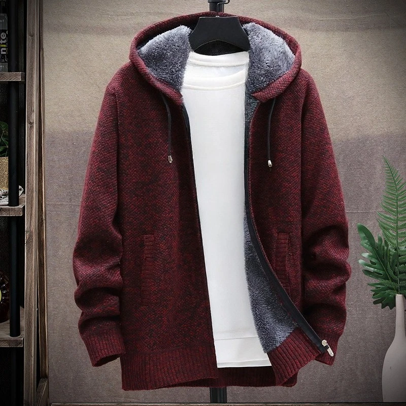 Men's Autumn‑Winter Zip‑Up Hooded Knit Cardigan, Fleece‑Lined Thickened Loose‑Fit Korean‑Street‑Style Casual Outerwear For Daily