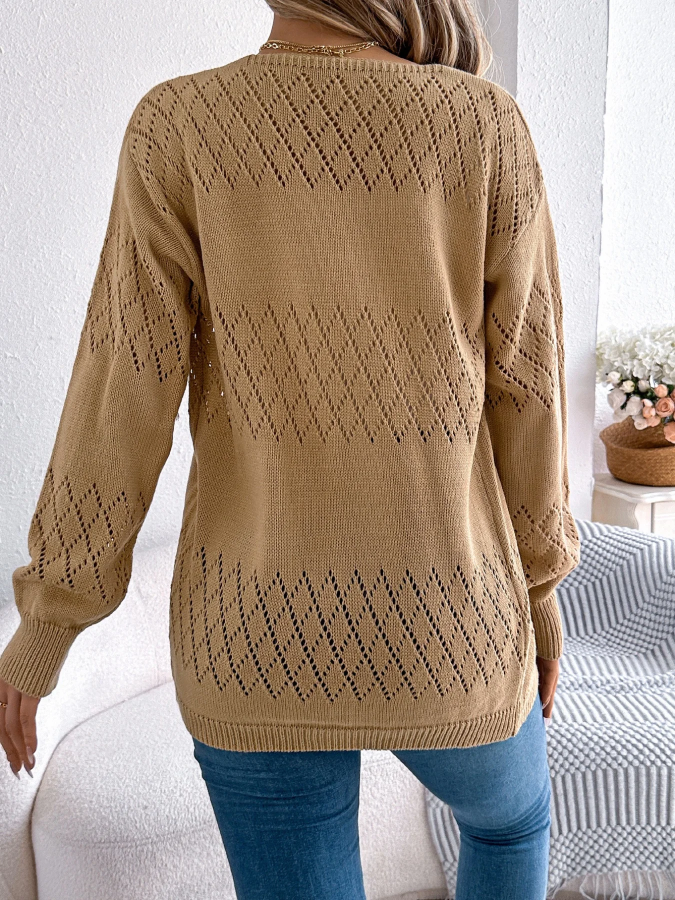 Casual Solid Color Hollow Out Long Sleeve Knit Cardigan Spring Vacation