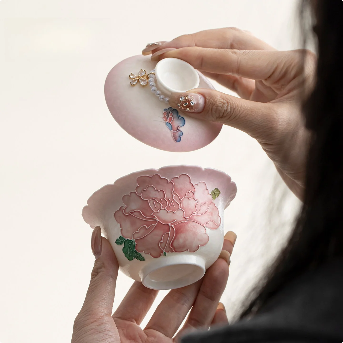New Chinese Gradient 3D Pink Peony Ceramic Gaiwan Floral Rim High Beauty Ladies Single Brewing Cup Home Tea Ceremony Decor Gift