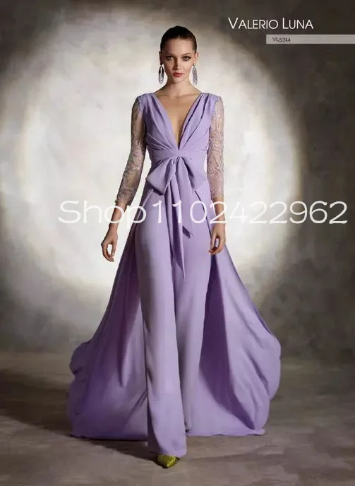 Lilac Lavender Long Sleeve Jumpsuit Mother of The Bride Dresses with Oveskirt Lace chiffon Godmother outfit pant suit