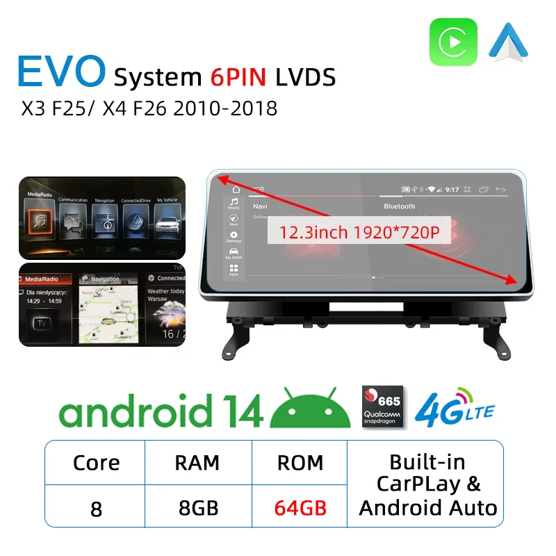 12,3 Inch NIEUW ID8 Android 14 Carplay Touchscreen voor BMW X3 F25 X4 F26 Autostereo Autoradio Multimedia Speler Navi 4G WIFI DSP