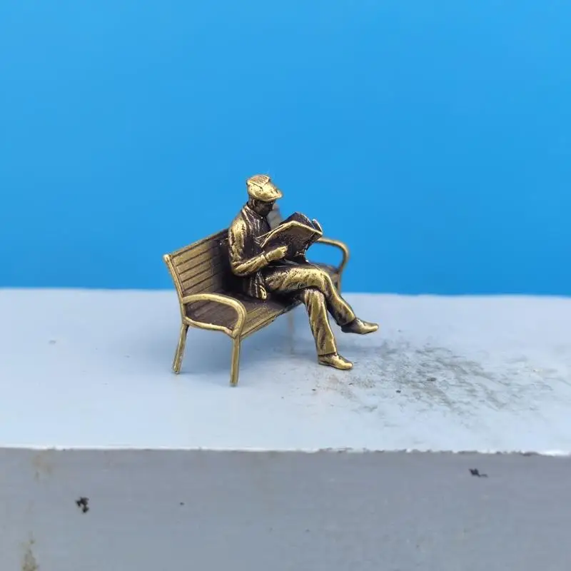 Brass Elderly Person Reading A Newspaper Figure 1:64 Doll Model Handheld Miniature Sandbox Micro Landscape Small Scene Ornament