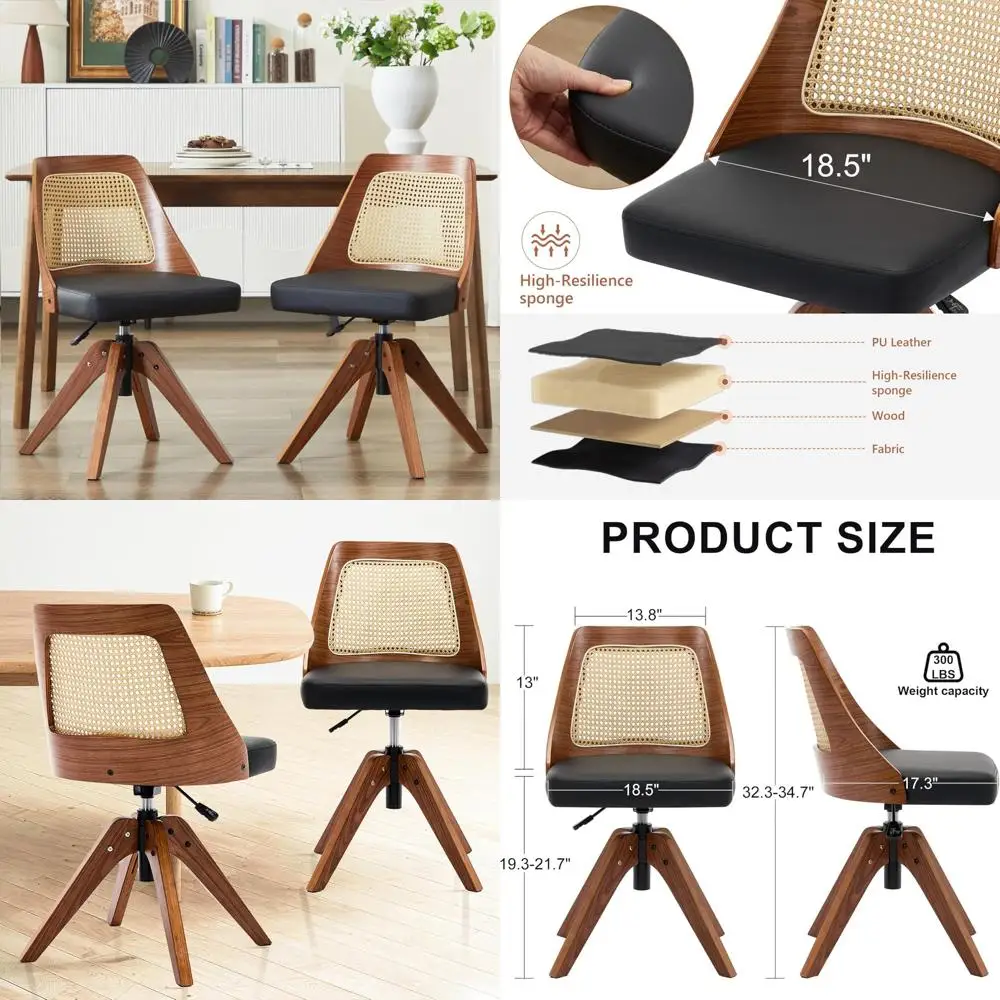 

Пара черных современных обеденных стульев середины века со спинкой из ротанга и сиденьями из искусственной кожи.