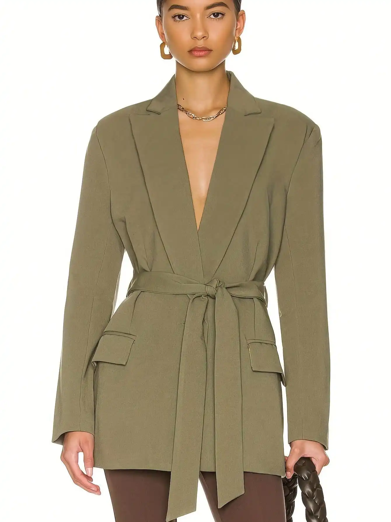 여성용 우아한 캐주얼 핏 타이 웨이스트 블레이저 재킷 사무용 우아한 스타일 여성용 패션 비공식 통근용